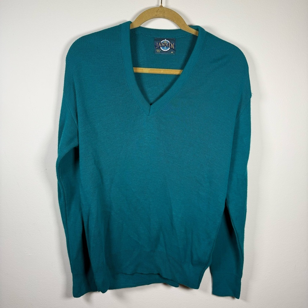 Vintage Jantzen Blue V-Neck Sweater Lightweight Knit Size Medium Pullover - Picture 1 of 9
